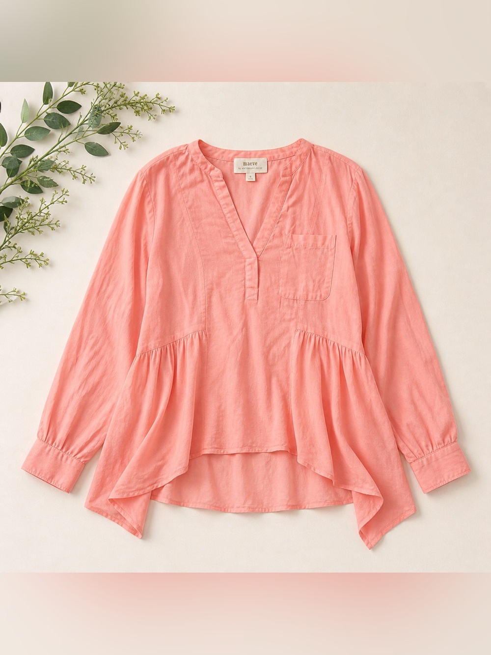 Maeve Anthropologie Coral Tunic Top Flowy Boho Long Sleeve Size 6